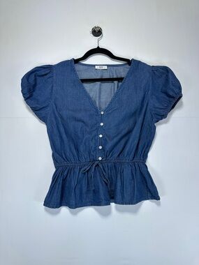 Ardene Denim Peplum Top Blue Puff Sleeve Button Front Cropped Size L